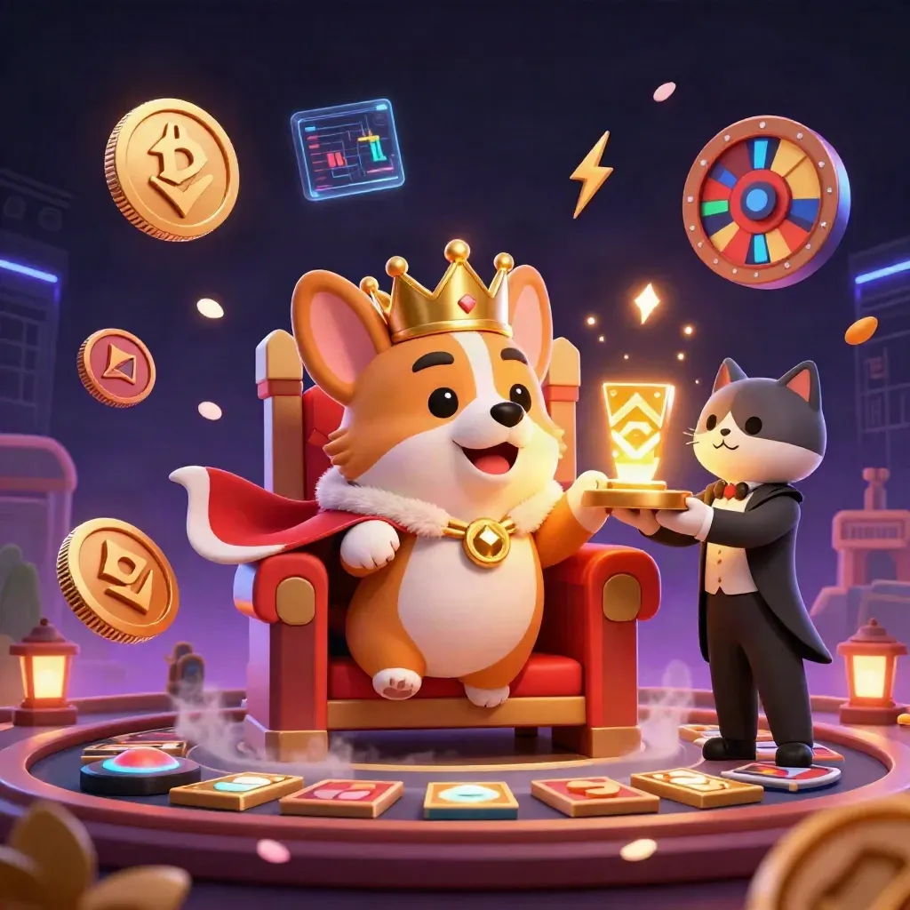 Crowned corgi and cat butler on chip throne, surrounded by neon coins, cards, petals and casino glow.