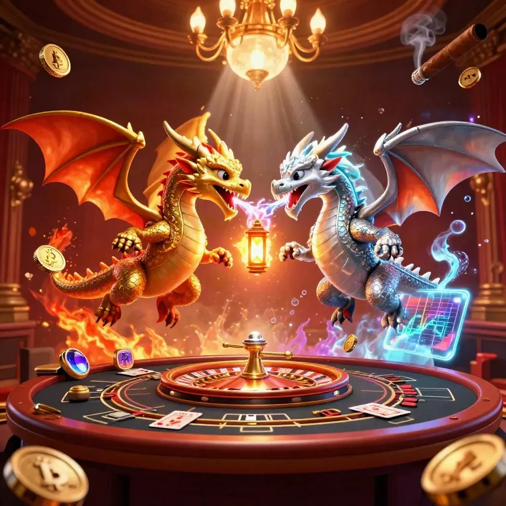 Twin gold and silver dragons spiral through a neon casino room with roulette, cards, and glowing coins.
