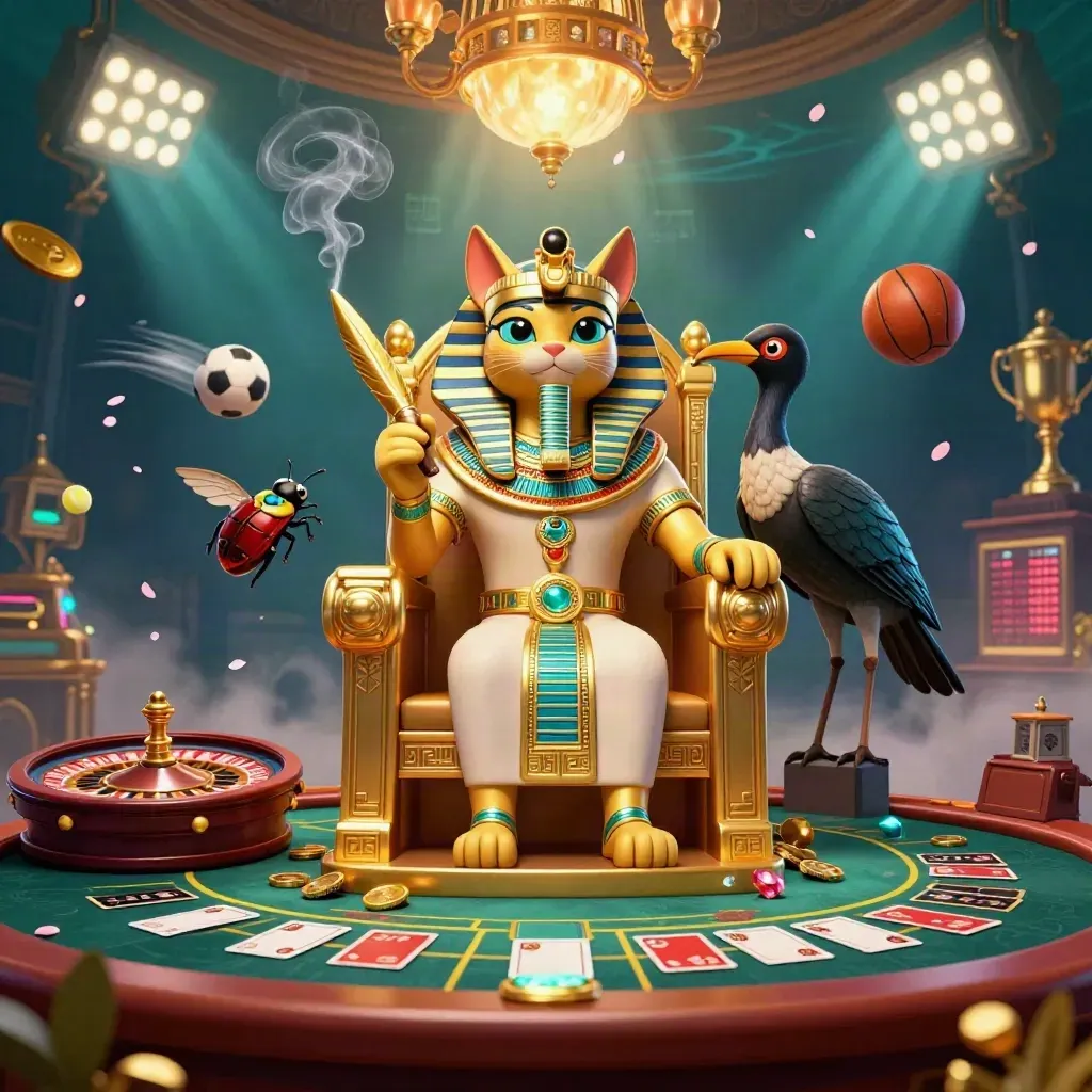 Pharaoh cat, ibis scribe, and gem-winged scarabs in a neon casino scene with balls, trophy, and cards
