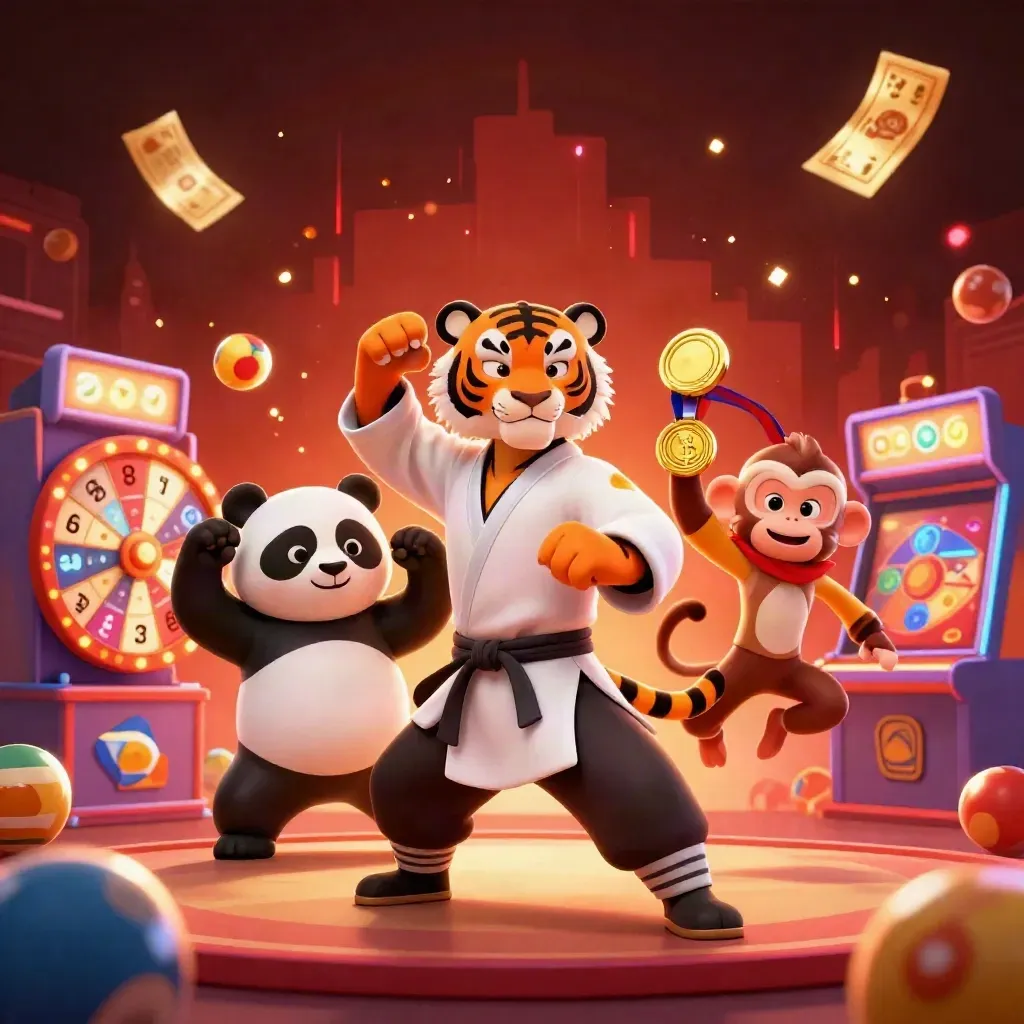 Tiger, panda, and monkey martial-arts mascots amid casino bursts and red neon glow.