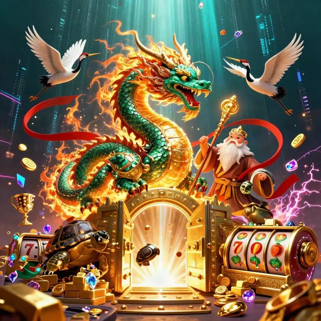 Emerald dragon, turtle sage, and cranes amid vault treasure, neon fire, and casino glow.