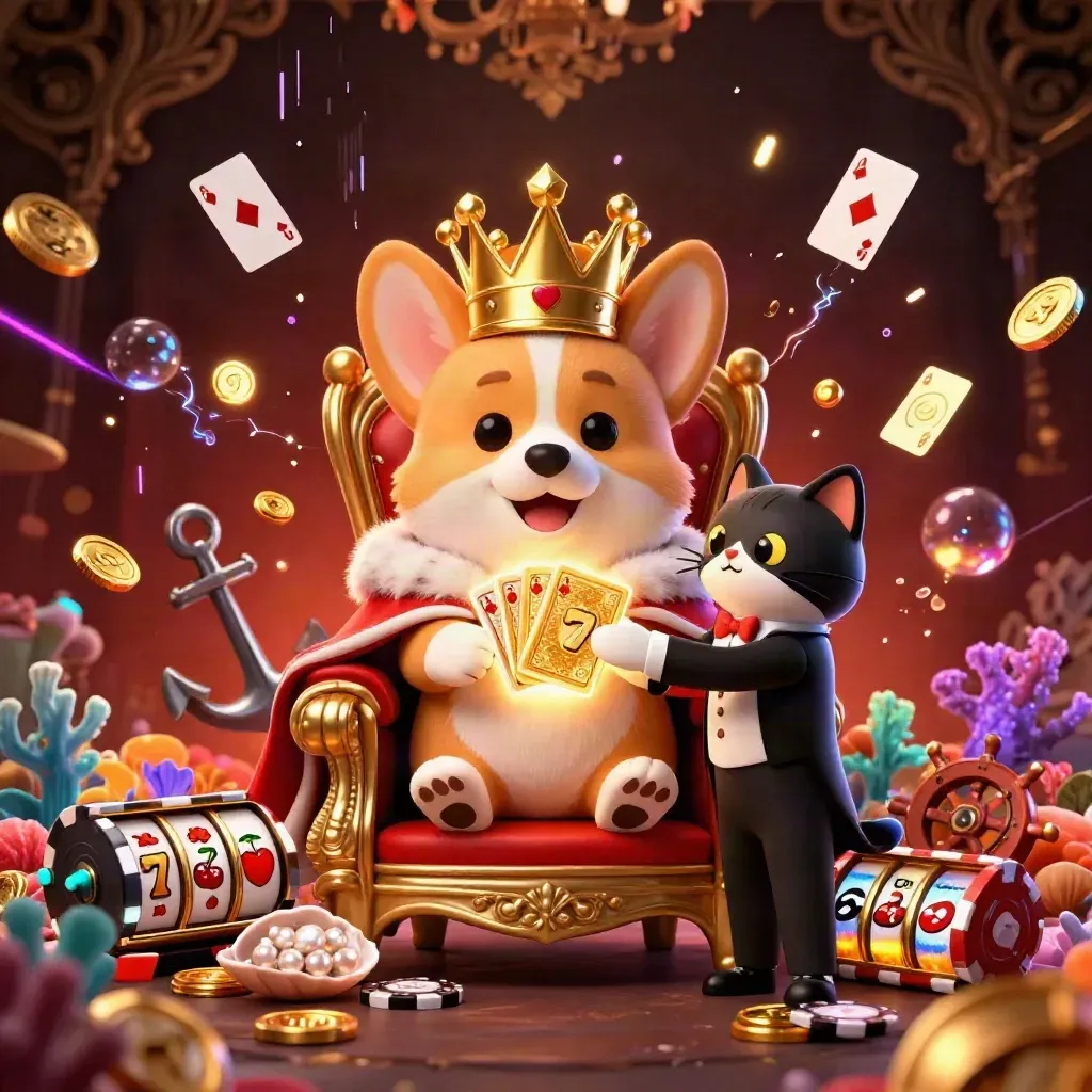 Royal corgi king and cat butler amid casino treasure, neon gold, cards, reels and underwater loot.