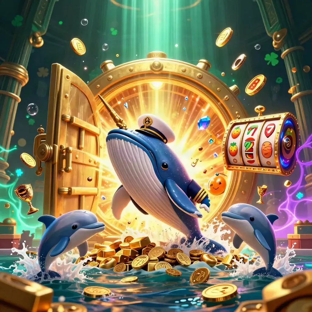 Whale captain, narwhal, and dolphins erupt from coins amid a treasure vault and neon slot reels.